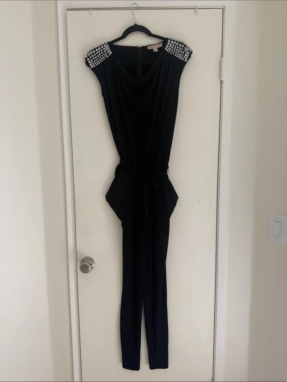Michael Kors Black Jumpsuit with Pearl-Trim Shoulders with rhinestones size XXS